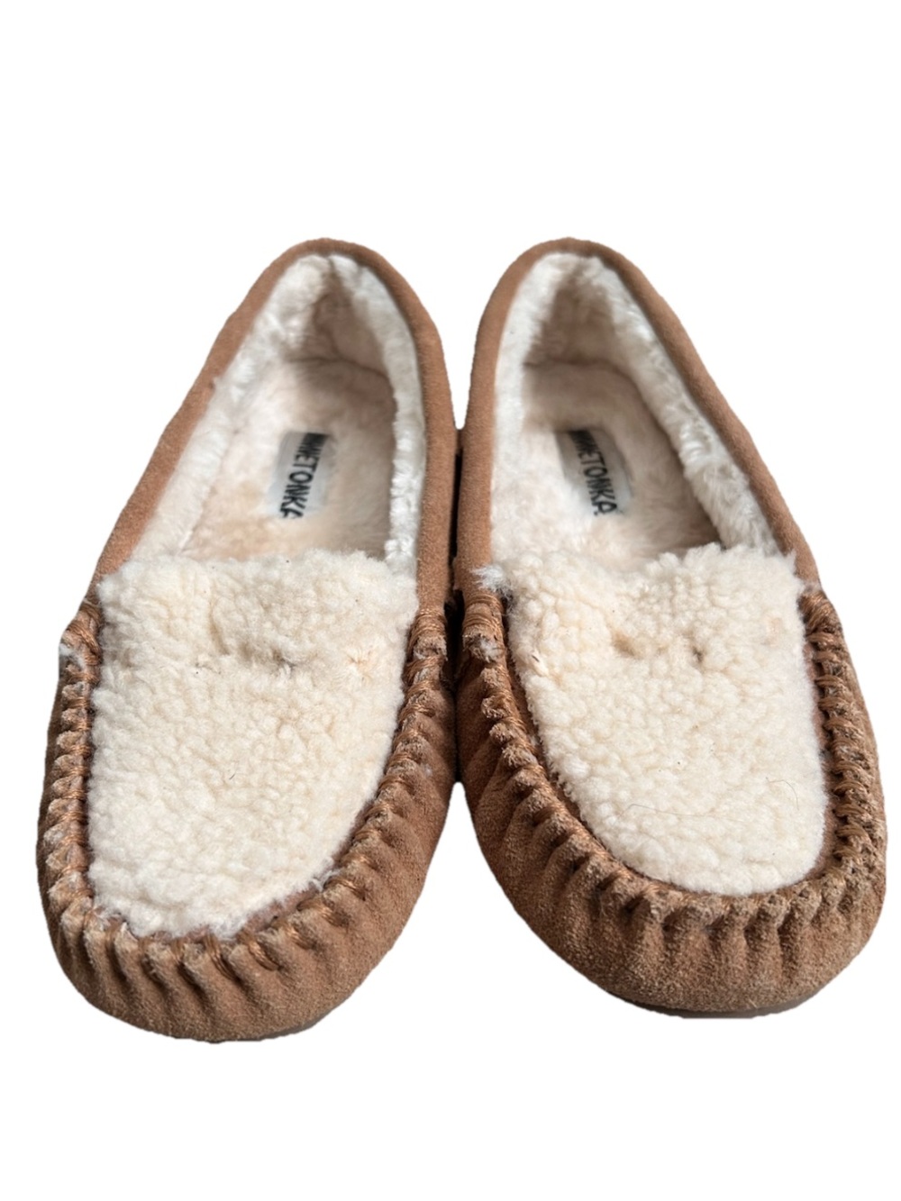 Minnetonka Faux Fur Lined Moccasin Slippers Tan Suede Men’s Sz 9